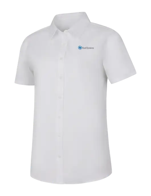 Womens White Short Sleeve Superpro React Twill Shirt w/IB Roof Systems Logo