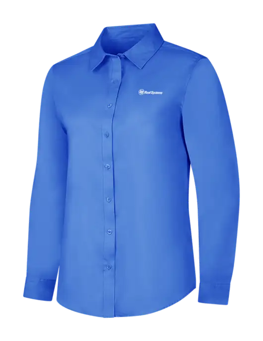 Dark Carolina Blue Womens Long Sleeve Superpro React Twill Shirt w/IB Roof Systems Logo