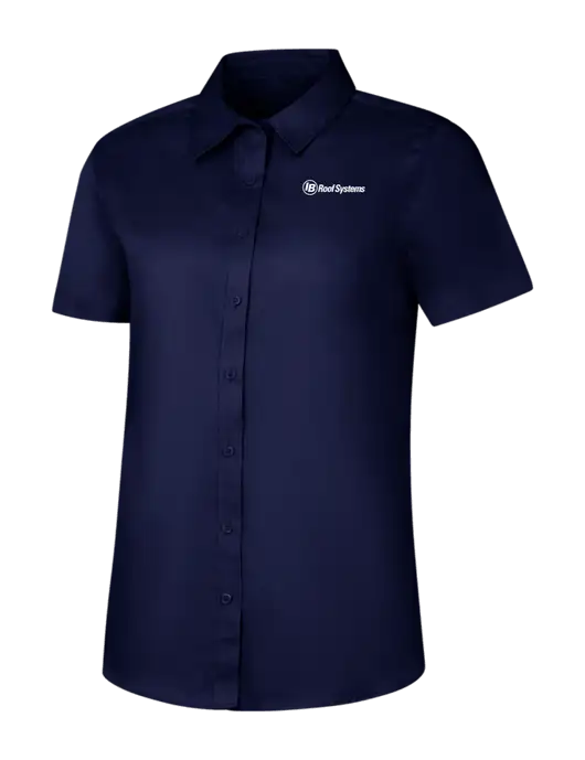Womens Navy Short Sleeve Superpro React Twill Shirt w/IB Roof Systems Logo