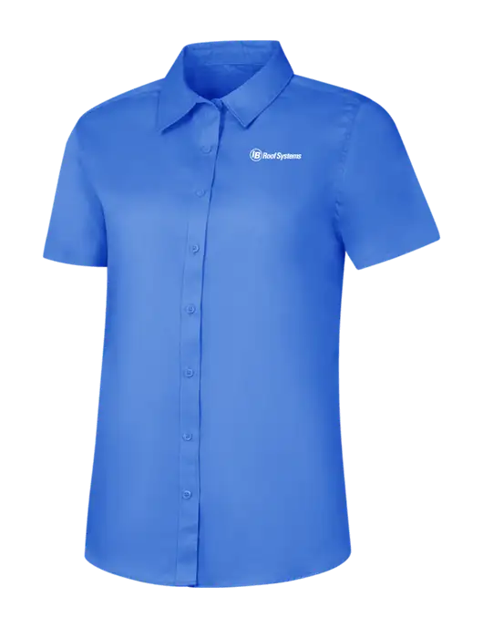Womens Dark Carolina Blue Short Sleeve Superpro React Twill Shirt w/IB Roof Systems Logo