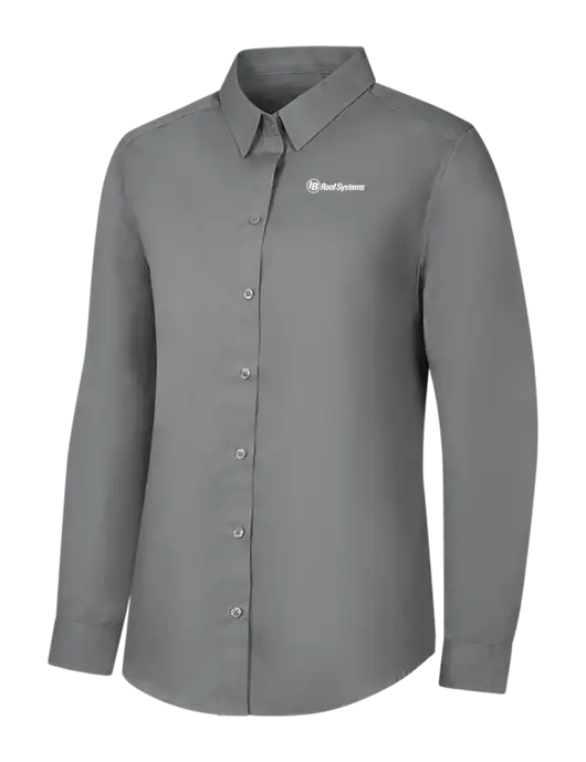 Womens Medium Grey Long Sleeve Carefree Poplin Shirt w/IB Roof Systems Logo