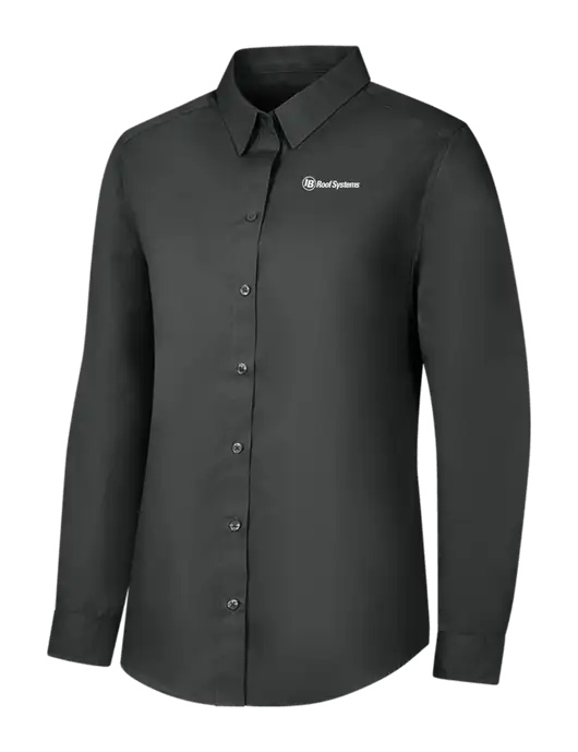 Womens Dark Grey Long Sleeve Carefree Poplin Shirt w/IB Roof Systems Logo