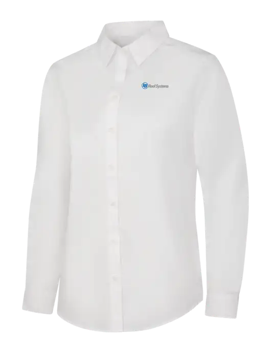 Womens White Long Sleeve Carefree Poplin Shirt w/IB Roof Systems Logo