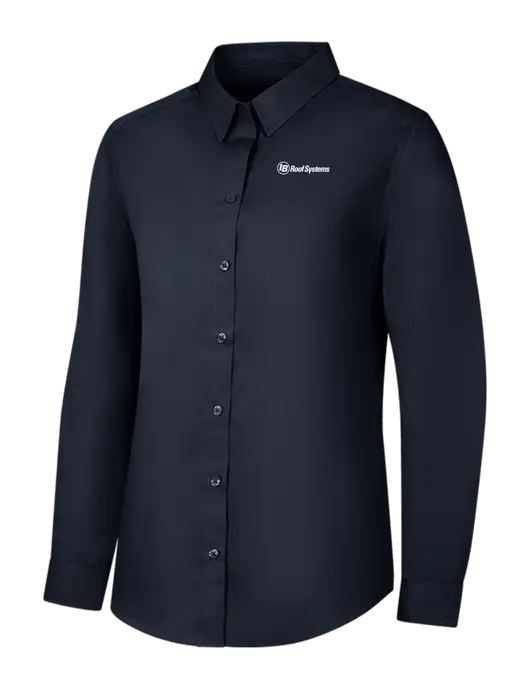 Womens River Blue Navy Long Sleeve Carefree Poplin Shirt w/IB Roof Systems Logo