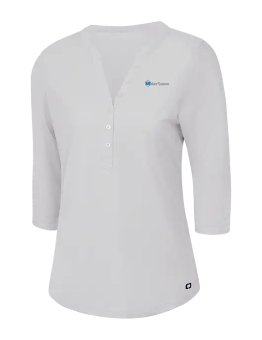 OGIO Bright White Jewel Henley w/IB Roof Systems Logo