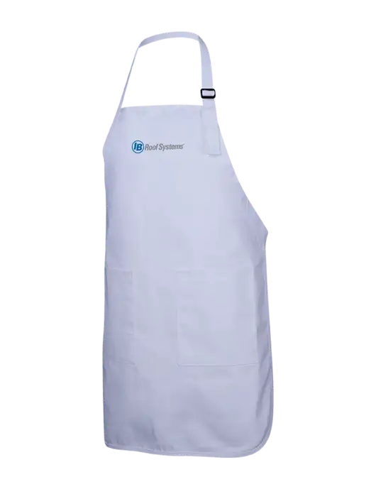 Full-Length White Apron With Pockets w/IB Roof Systems Logo