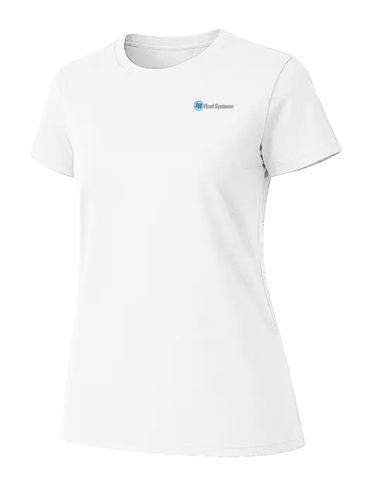 Womens Ring Spun White 4.5 oz T-Shirt w/IB Roof Systems Logo