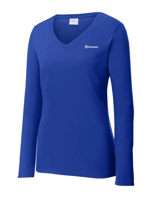 Womens  V-Neck Ring Spun Royal 4.5 oz Long Sleeve T-Shirt w/IB Roof Systems Logo