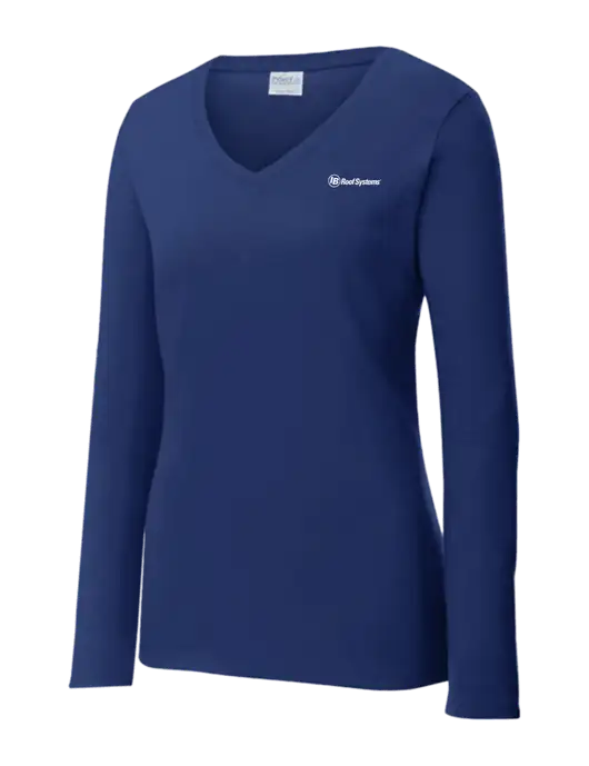Womens  V-Neck Ring Spun Navy 4.5 oz Long Sleeve T-Shirt w/IB Roof Systems Logo