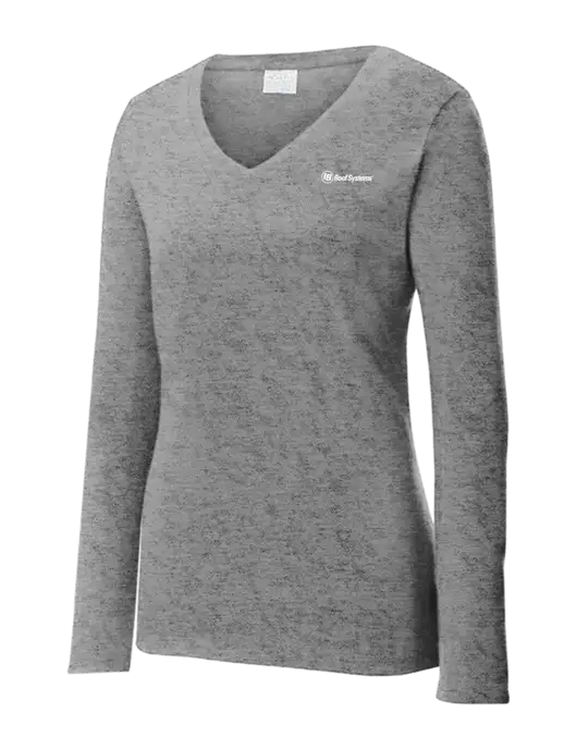 Womens  V-Neck Ring Spun Grey Heather 4.5 oz Long Sleeve T-Shirt w/IB Roof Systems Logo