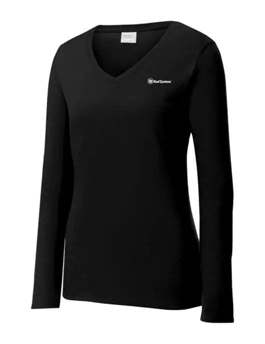Womens V-Neck Ring Spun Jet Black 4.5 oz Long Sleeve T-Shirt w/IB Roof Systems Logo