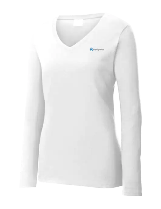 Womens  V-Neck Ring Spun White 4.5 oz Long Sleeve T-Shirt w/IB Roof Systems Logo