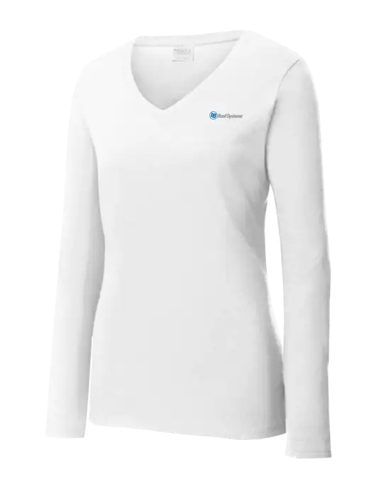 Womens  V-Neck Ring Spun White 4.5 oz Long Sleeve T-Shirt w/IB Roof Systems Logo