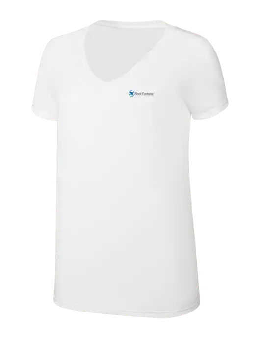 Womens Simply Soft V-Neck White 4.5oz  Poly/Combed Ring Spun Cotton T-Shirt w/IB Roof Systems Logo