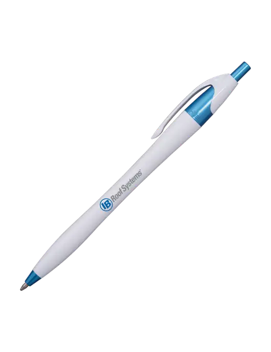 Novella White/Blue Shimmer Pen - Blue Ink w/IB Roof Systems Logo