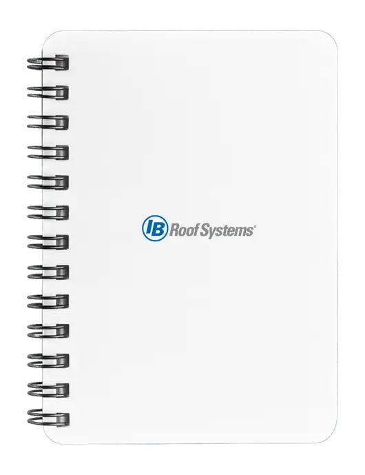 Sturdy White Hardcover Notebook, 5.25 x 7 w/IB Roof Systems Logo