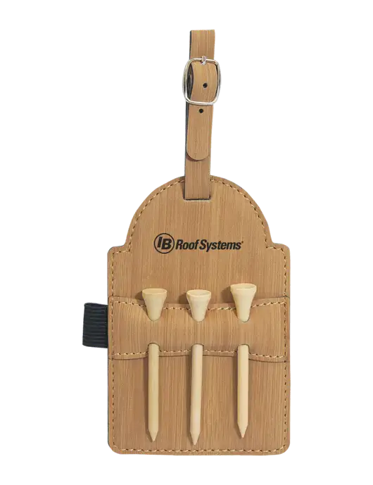 Bamboo Leatherette Golf Bag Tag with 3 Wooden Tees w/IB Roof Systems Logo