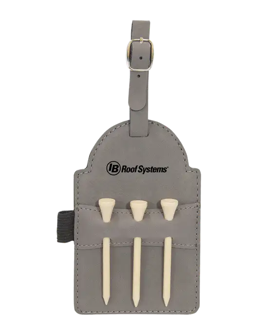 Grey Leatherette Golf Bag Tag with 3 Wooden Tees w/IB Roof Systems Logo