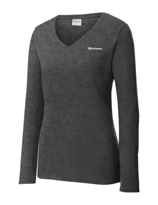 Womens  V-Neck Ring Spun Dark Heather Grey 4.5 oz Long Sleeve T-Shirt w/IB Roof Systems Logo