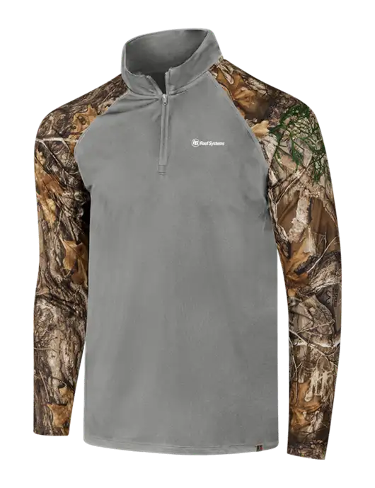 Russell Outdoors Medium Grey/Realtree Edge Camo Colorblock Performance 1/4 Zip w/IB Roof Systems Logo