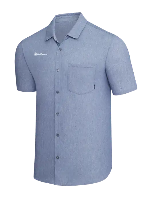 OGIO Slate Blue Heather Extend Short Sleeve Button Up Shirt w/IB Roof Systems Logo