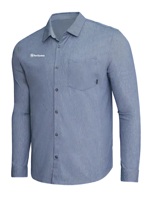 OGIO Slate Blue Heather Extend Long Sleeve Button Up Shirt w/IB Roof Systems Logo