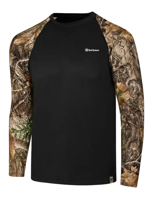 Russell Outdoors Black/Realtree Edge Camo Colorblock Performance Long Sleeve T-Shirt w/IB Roof Systems Logo