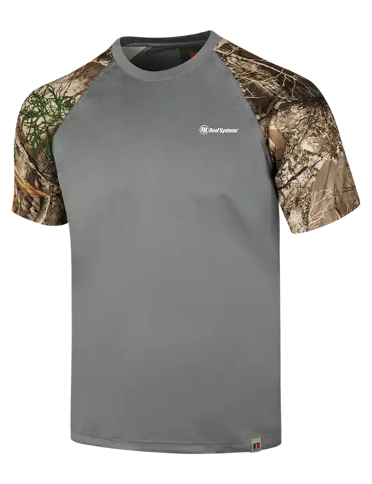 Russell Outdoors Medium Grey/Realtree Edge Camo Colorblock Performance T-Shirt w/IB Roof Systems Logo