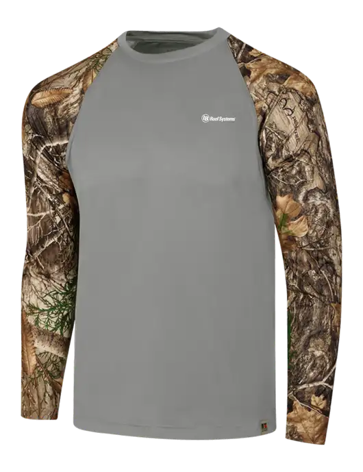 Russell Outdoors Medium Grey/Realtree Edge Camo Colorblock Performance Long Sleeve T-Shirt w/IB Roof Systems Logo