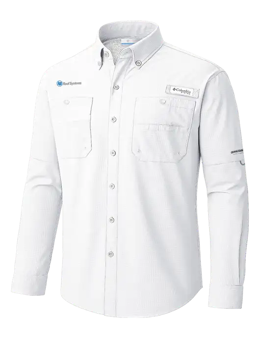 Columbia White PFG Tamiami II Long SleeveShirt w/IB Roof Systems Logo