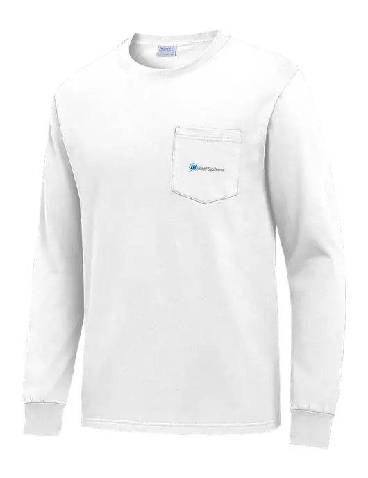 White Long Sleeve Heavyweight 6.1 oz Pocket T-Shirt w/IB Roof Systems Logo