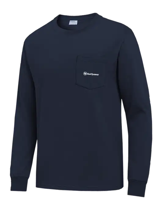 Navy Long Sleeve Heavyweight 6.1 oz Pocket T-Shirt w/IB Roof Systems Logo