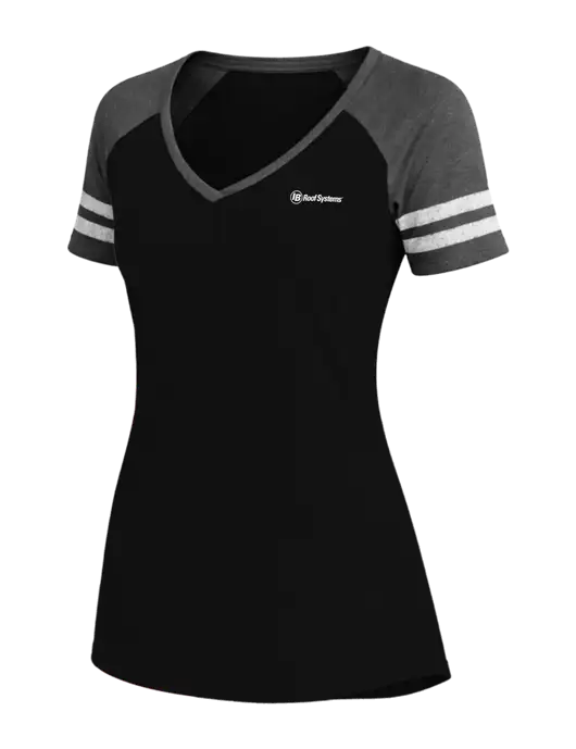 Womens Black/Charcoal Heather V-Neck Game Tee w/IB Roof Systems Logo