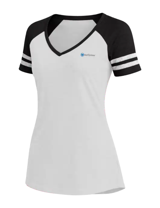 Womens White/Black V-Neck Game Tee w/IB Roof Systems Logo