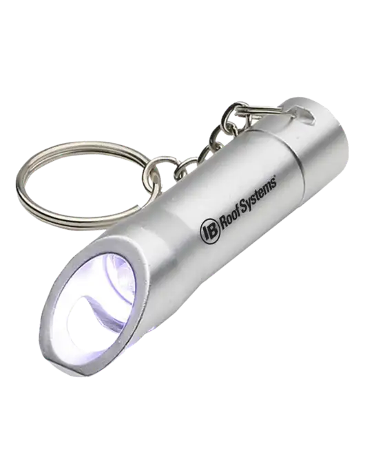 Silver Pocket LED Flashlight with Bottle Opener & Keychain w/IB Roof Systems Logo