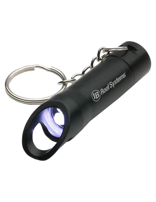 Black Pocket LED Flashlight with Bottle Opener & Keychain w/IB Roof Systems Logo