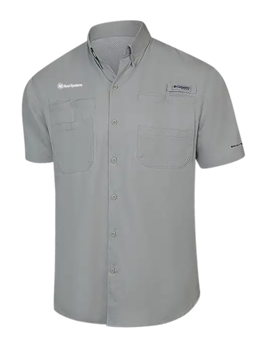 Columbia Light Grey PFG Tamiami II Short Sleeve Shirt w/IB Roof Systems Logo