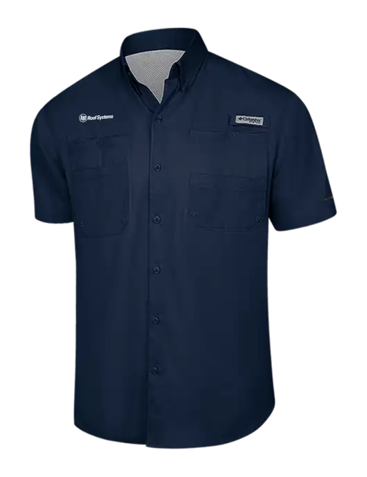 Columbia Navy PFG Tamiami II Short Sleeve Shirt w/IB Roof Systems Logo