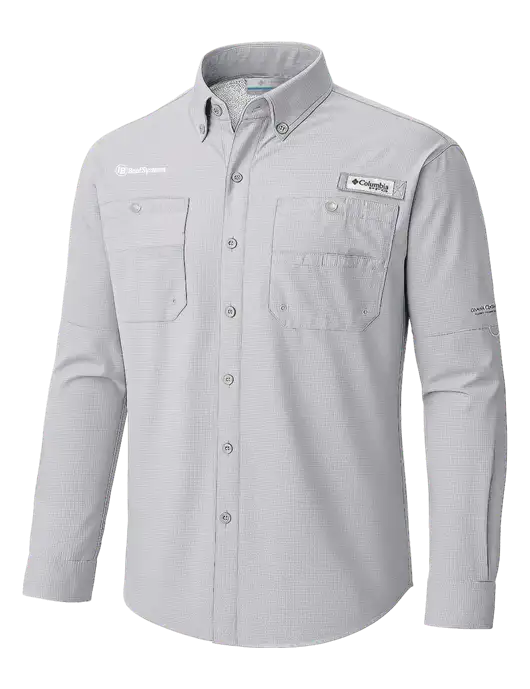 Columbia Cool Grey PFG Tamiami II Long SleeveShirt w/IB Roof Systems Logo