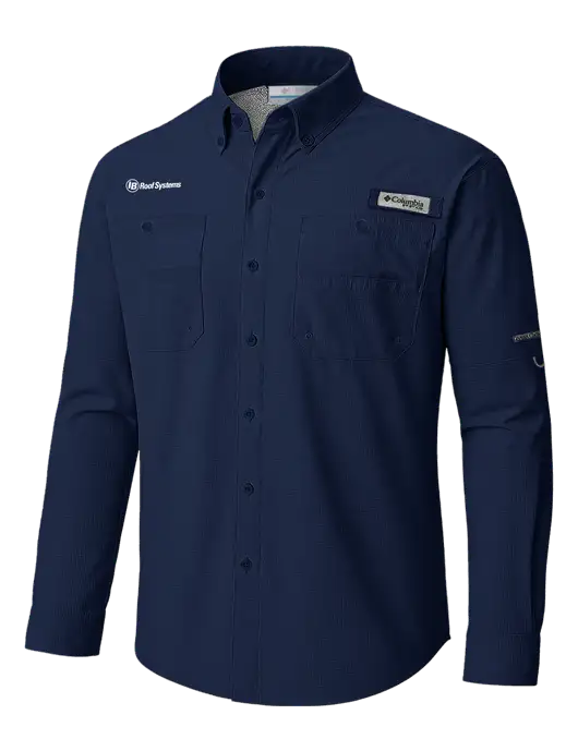 Columbia Navy PFG Tamiami II Long SleeveShirt w/IB Roof Systems Logo