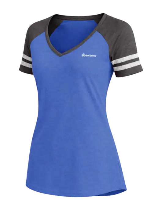 Womens Royal Heather/Charcoal Heather V-Neck Game Tee w/IB Roof Systems Logo