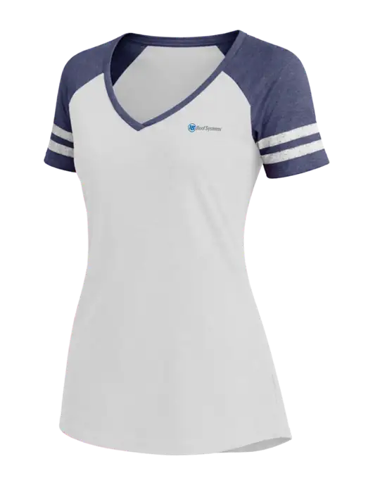 Womens White/Navy Heather V-Neck Game Tee w/IB Roof Systems Logo
