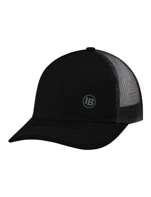 Snapback Ponytail Trucker Cap Black w/Black Mesh w/IB Dot Logo