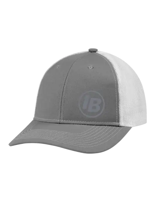 Snapback Ponytail Trucker Cap Light Medium Heather Grey w/White Mesh w/IB Dot Logo