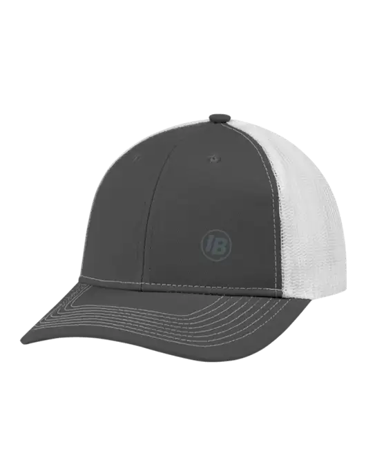 Snapback Ponytail Trucker Cap Dark Grey w/White Mesh w/IB Dot Logo