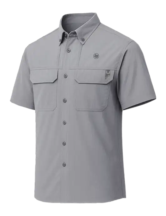 HUK Light Medium Grey Creekbed Short Sleeve Shirt w/IB Dot Logo