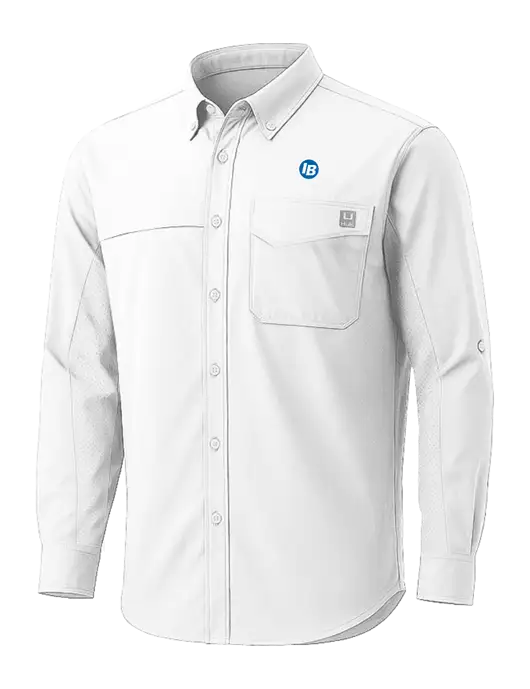 HUK White Tide Point Pocket Long Sleeve Fishing Shirt w/IB Dot Logo