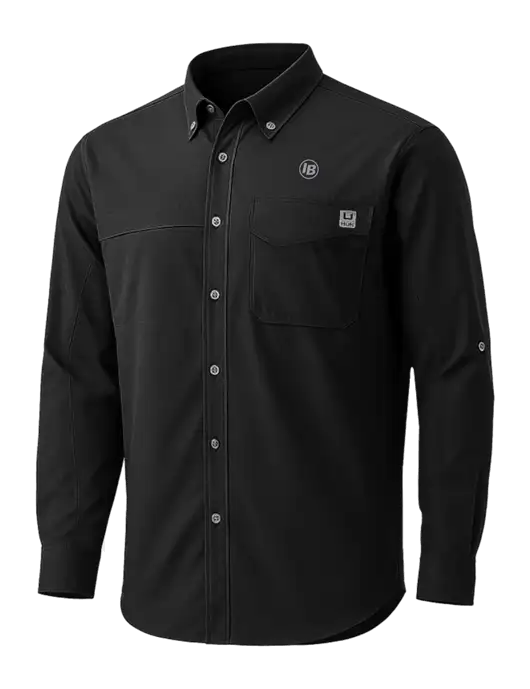 HUK Black Tide Point Pocket Long Sleeve Fishing Shirt w/IB Dot Logo