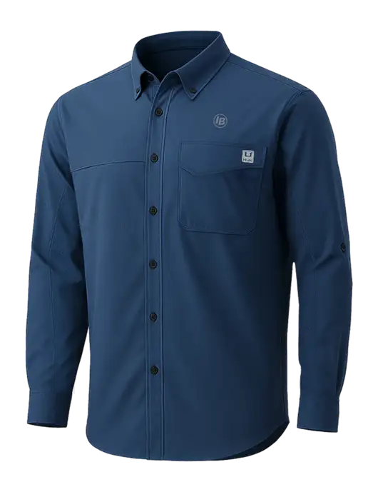 HUK Navy Tide Point Pocket Long Sleeve Fishing Shirt w/IB Dot Logo