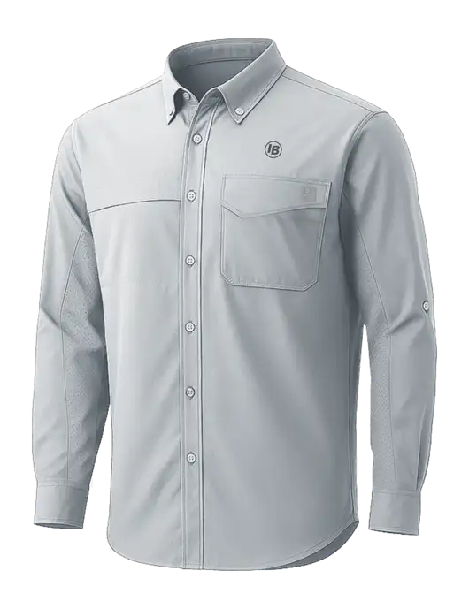 HUK Light Grey Tide Point Pocket Long Sleeve Fishing Shirt w/IB Dot Logo